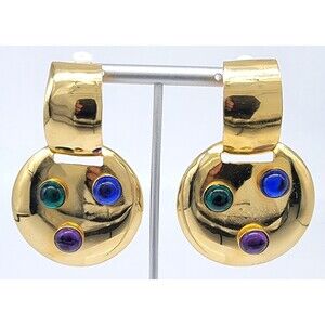 Les Bernard Clip On Earrings Gold Tone Gripoix Style Rhinestone Cabochon Vintage